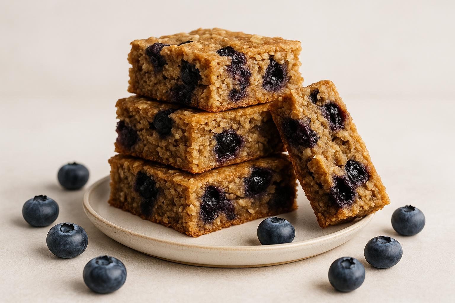 A stack of three homemade baked blueberry oatmeal bars on a light-colored plate, with an additional bar leaning against the stack. Fresh blueberries are scattered around the plate, suggesting a delicious and healthy breakfast or snack.