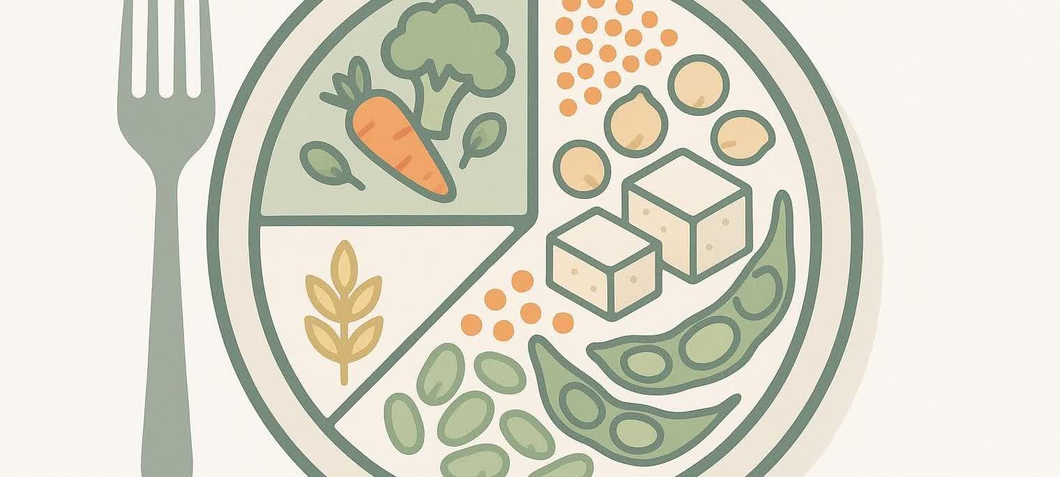An illustration of a healthy meal plate, emphasizing the large portion dedicated to plant-based proteins.