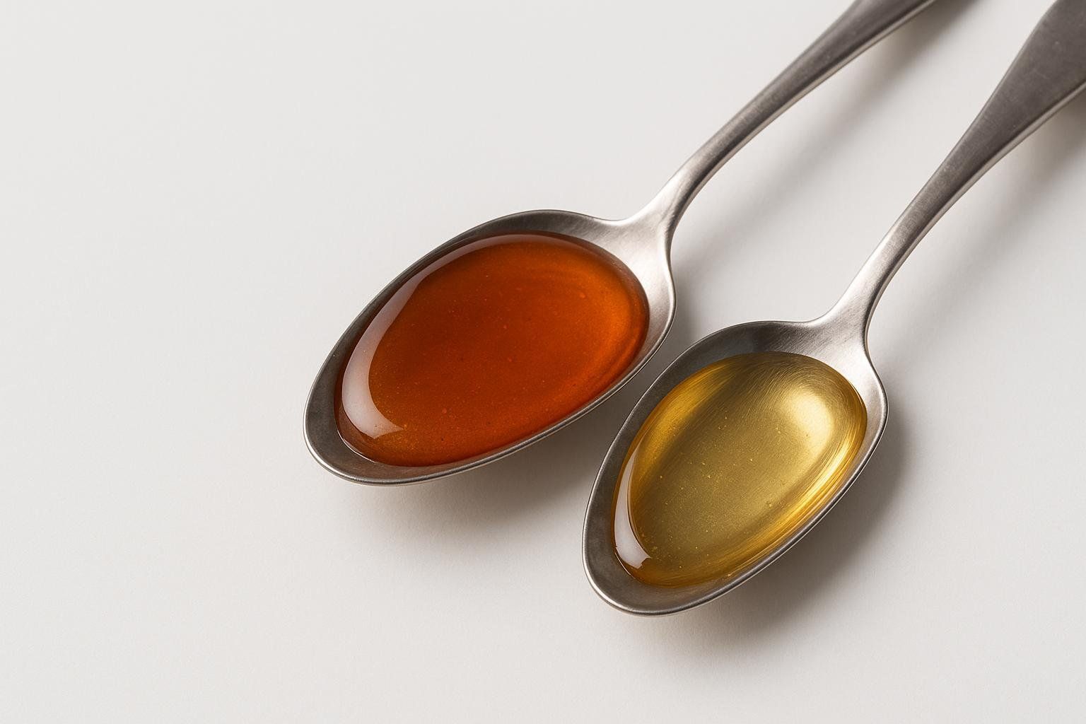 Two spoons comparing the visual texture of honey and agave syrup.