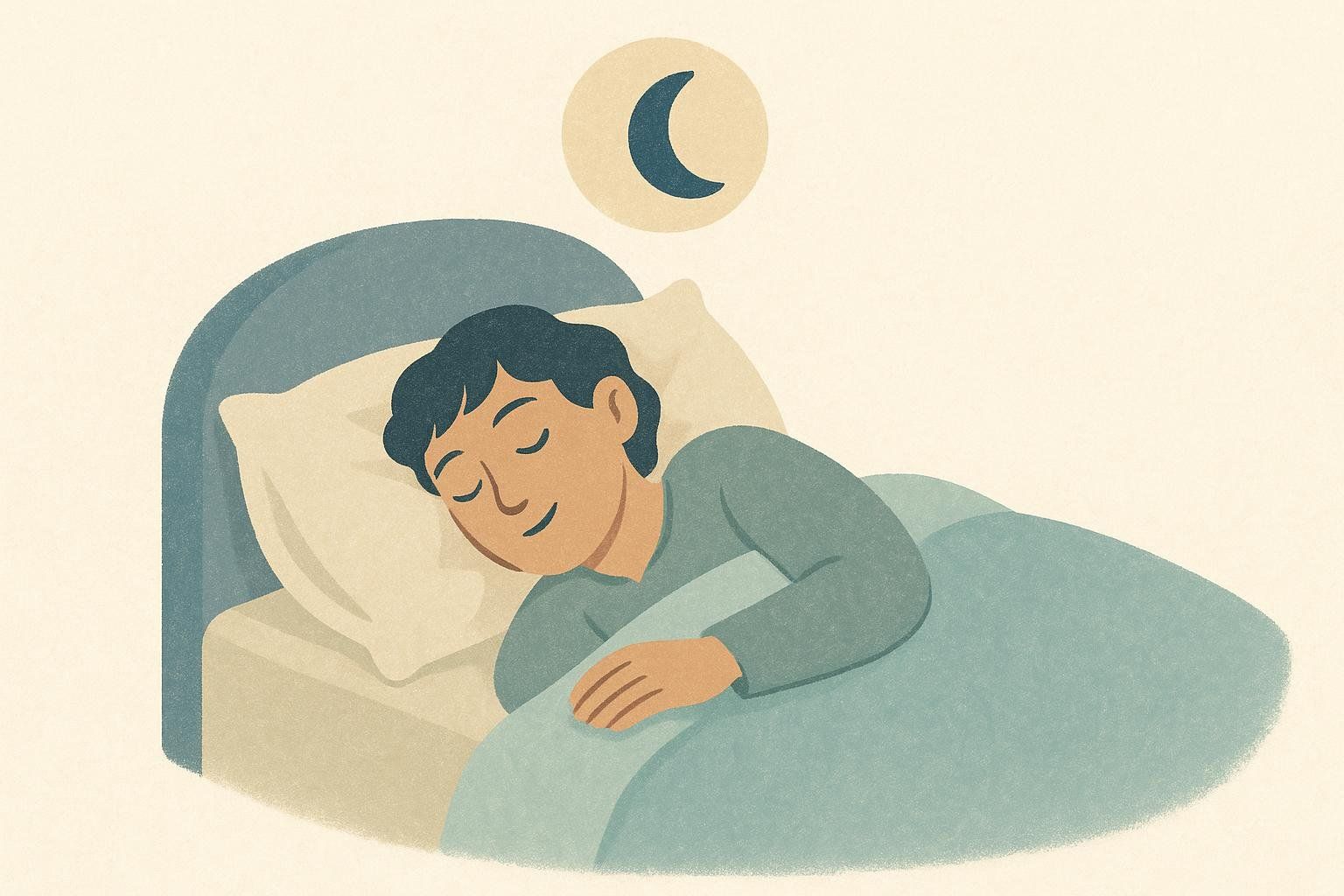 An illustration of a person with dark hair, sleeping peacefully in bed under a blue blanket, with a crescent moon icon above their head, symbolizing rest and good sleep.