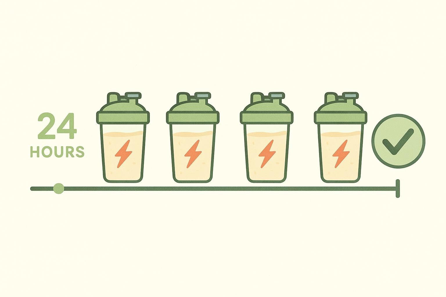 An infographic showing '24 HOURS' with a timeline below it. Along the timeline are four protein shakers, each containing a liquid with a lightning bolt symbol, indicating consistent protein intake throughout the day. At the end of the timeline is a green checkmark, illustrating that consistent protein intake spread throughout the day is key for recovery.
