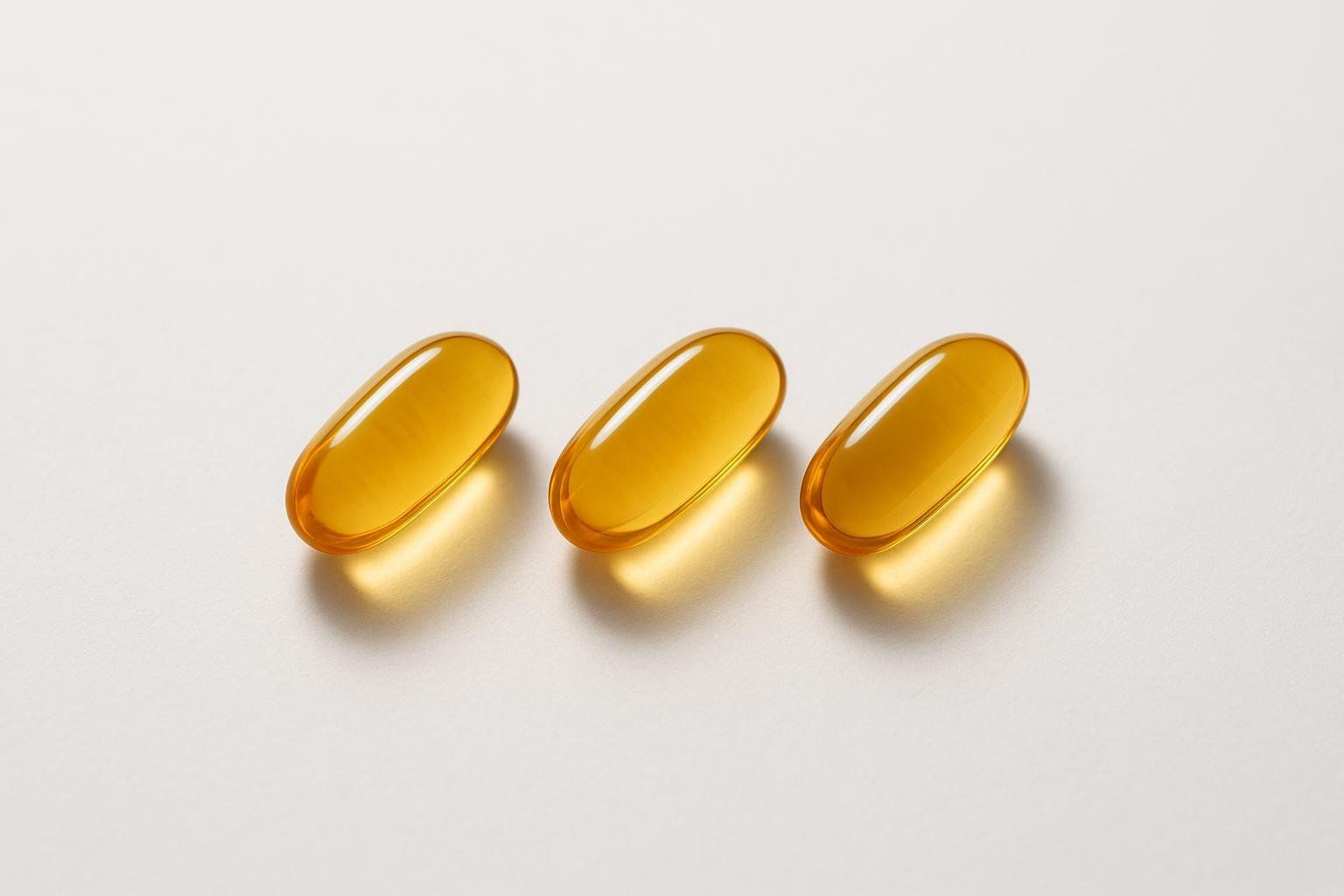 Three clear, amber-colored omega-3 fish oil capsules are laid out horizontally in a row on a clean white background, casting soft shadows.