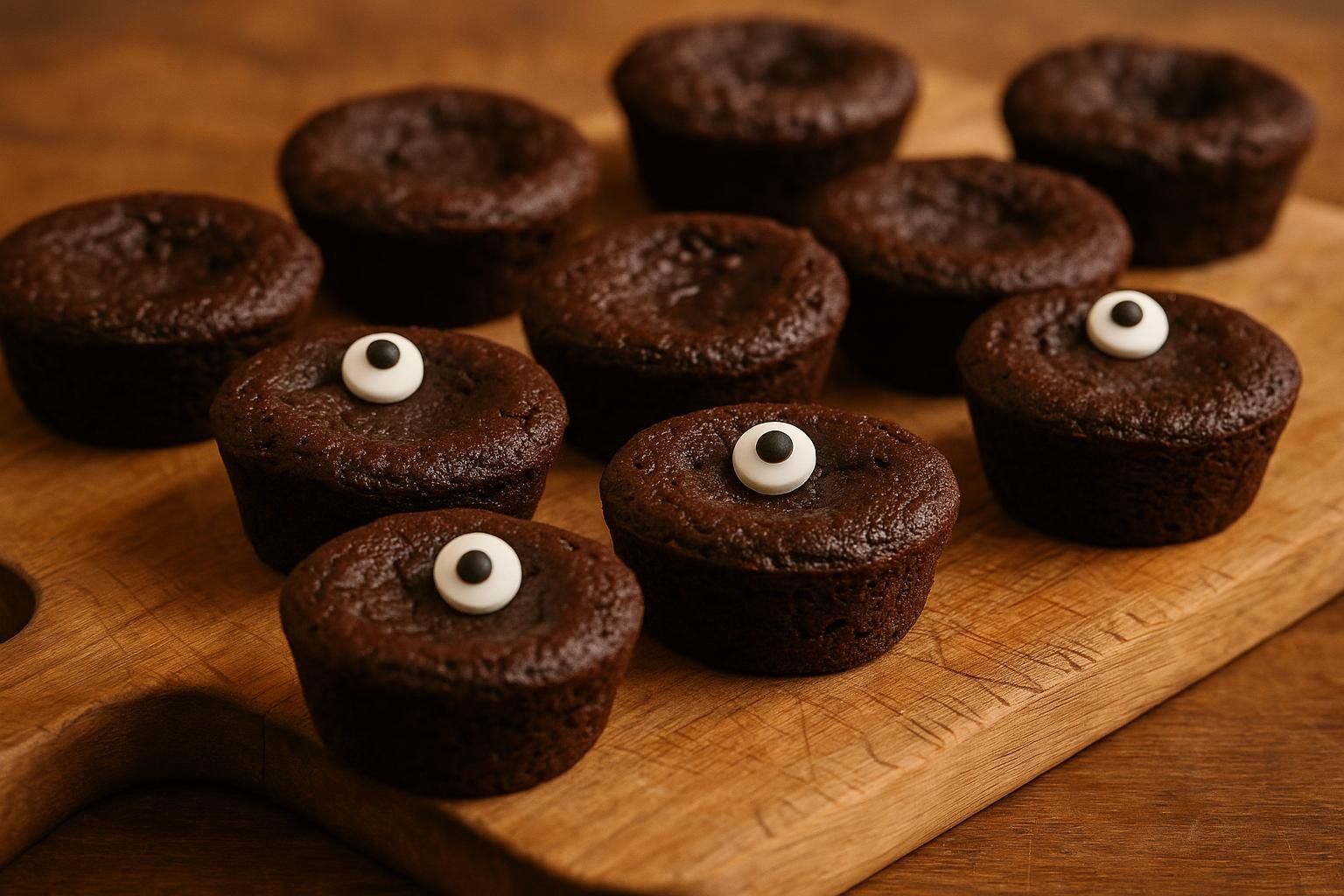 Fudgy mini brownie bites, some with candy eyes, served on a wooden board.