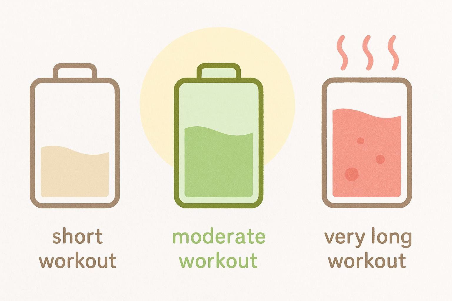 An illustration comparing the energy levels and benefits of different workout durations using battery icons. A short workout shows low energy, a moderate workout shows full energy, and a very long workout shows overexertion indicated by rising steam and bubbles.