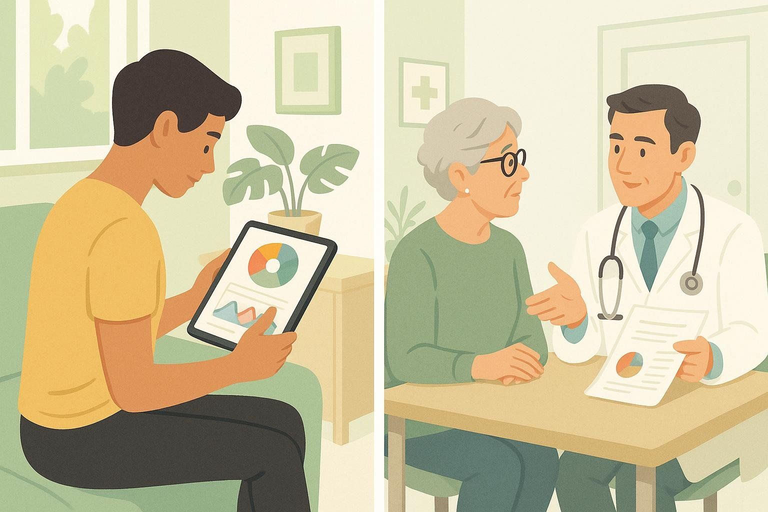 An illustration comparing the wellness-focused use of a DEXA scan at home versus the clinical, diagnostic use with a doctor. On the left, a person looks at data on a tablet at home. On the right, a doctor discusses results with a patient in a clinical setting.