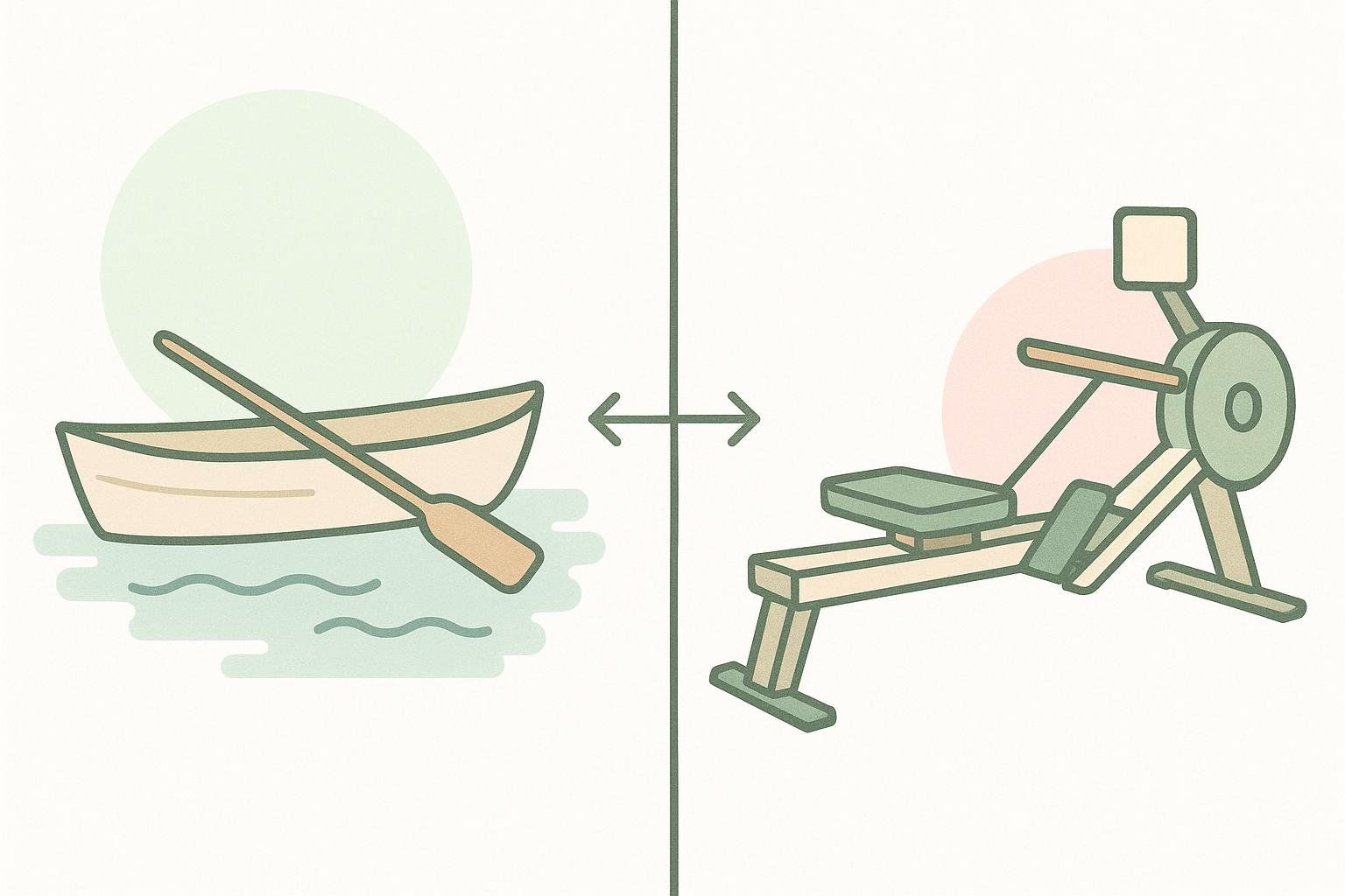 Illustration comparing an on-water boat to an indoor rowing machine