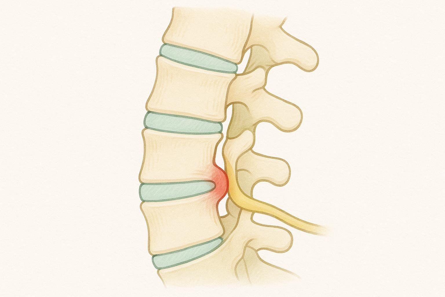 Illustration of a herniated disc in the spine pressing on a nerve root, indicated by a red inflamed area, impacting the spinal column and nerve pathways.