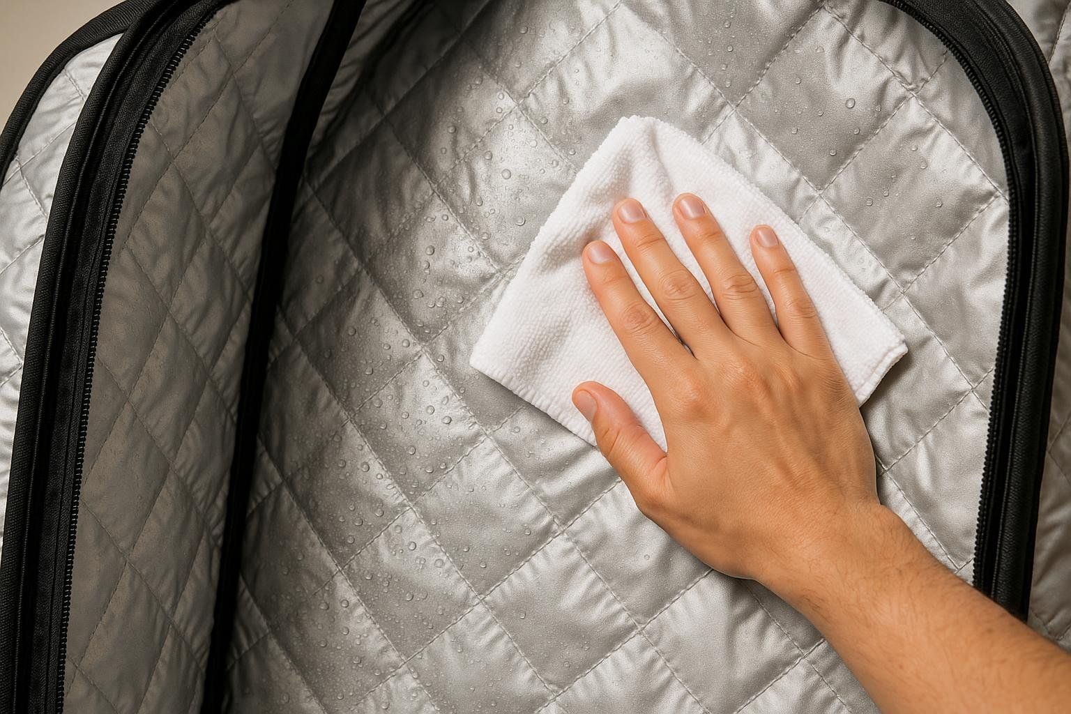 A hand holding a white cloth wipes down the silver quilted interior of a sauna pod, which has condensation droplets on its surface, demonstrating easy cleaning.