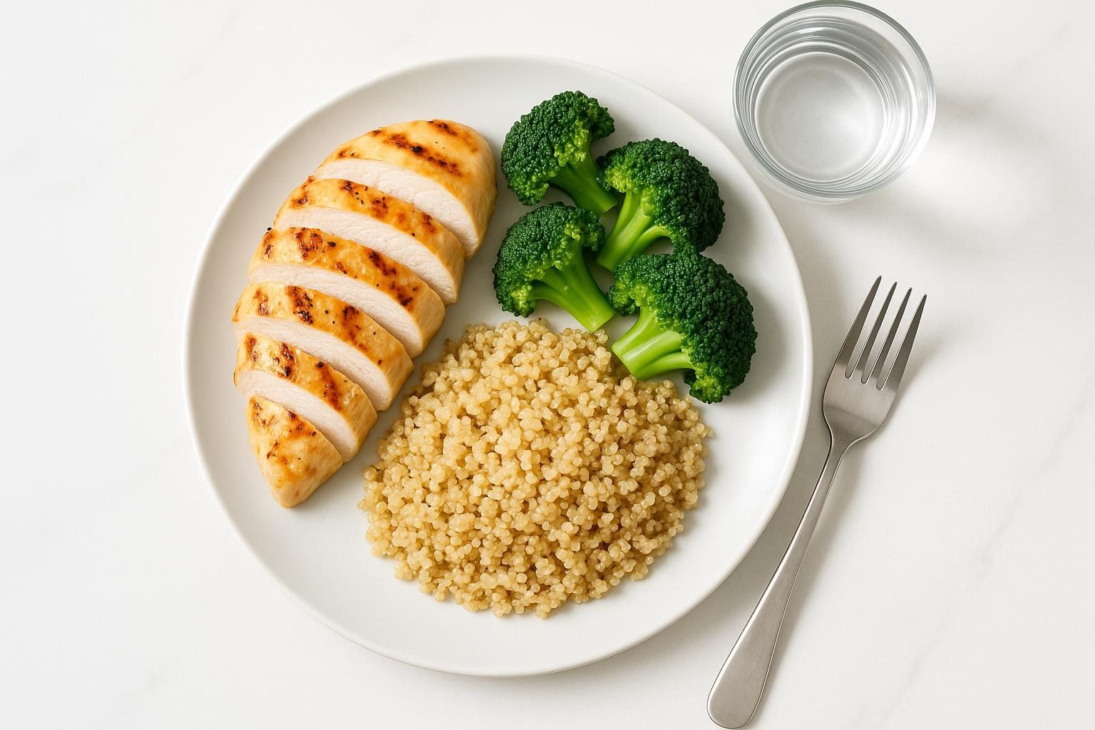 A flat-lay photo of a healthy meal with chicken, quinoa, and broccoli, representing proper protein intake for muscle synthesis.