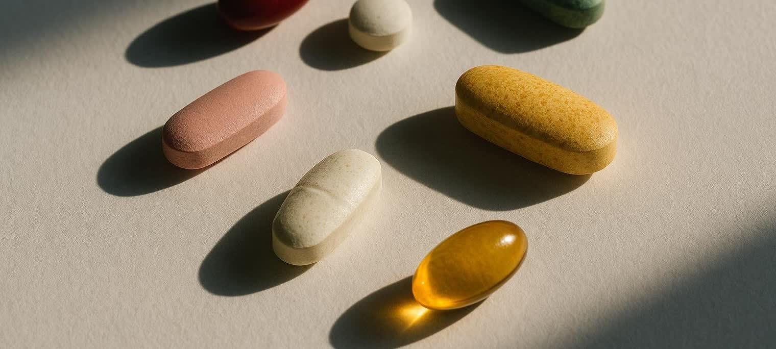 Close-up of various colorful vitamin pills and capsules, including pink, yellow, white, and a translucent yellow one. They are casting long shadows on a light surface, suggesting a morning or evening time.