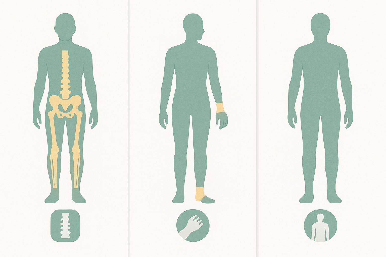 A visual comparison of central, peripheral, and full-body DEXA scans, showing the different body areas measured by each.