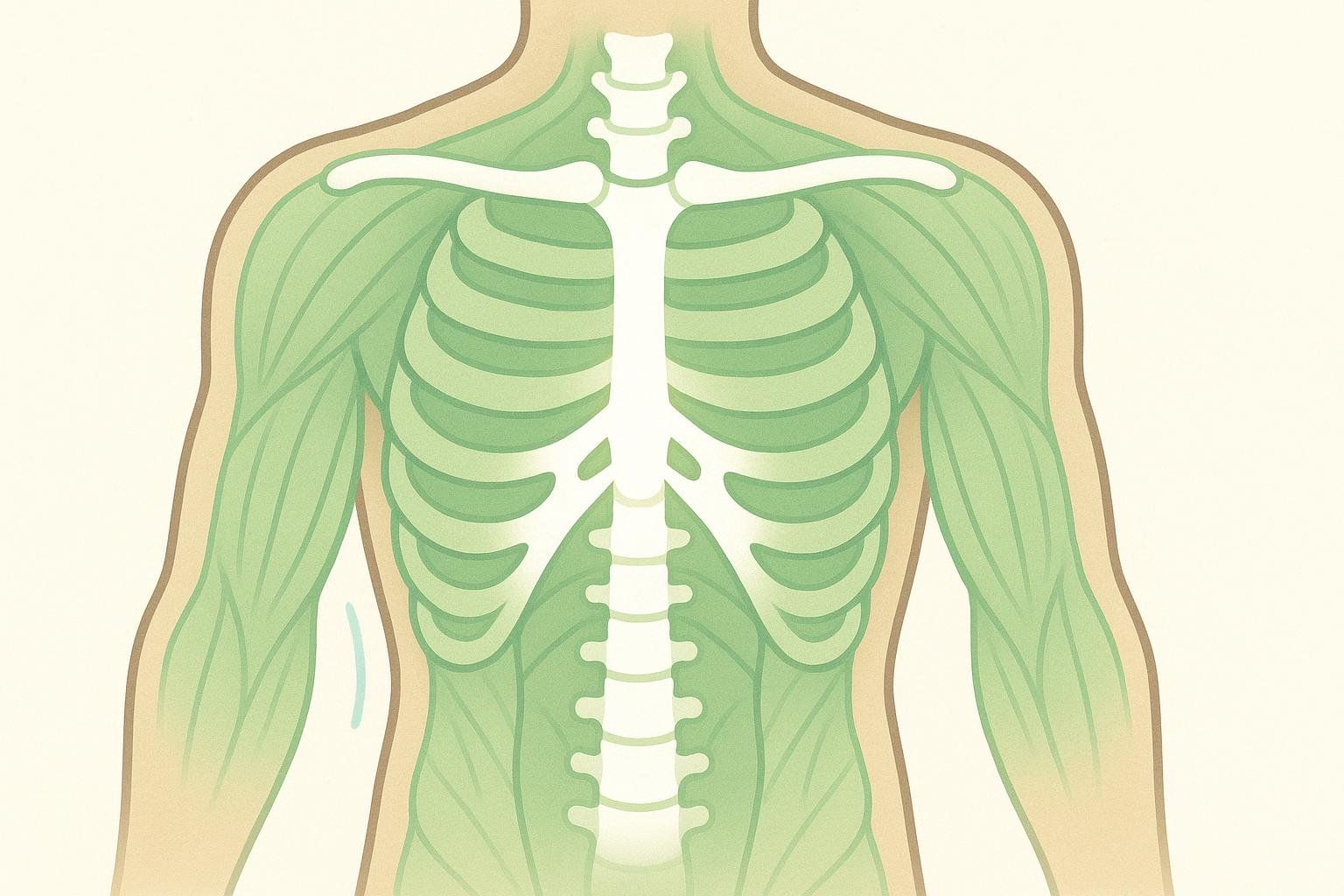 An illustration of a human torso showing visible bones (ribs, spine, clavicles) and muscle structure in shades of green, representing the areas measured by a DEXA scan for bone density and muscle mass.