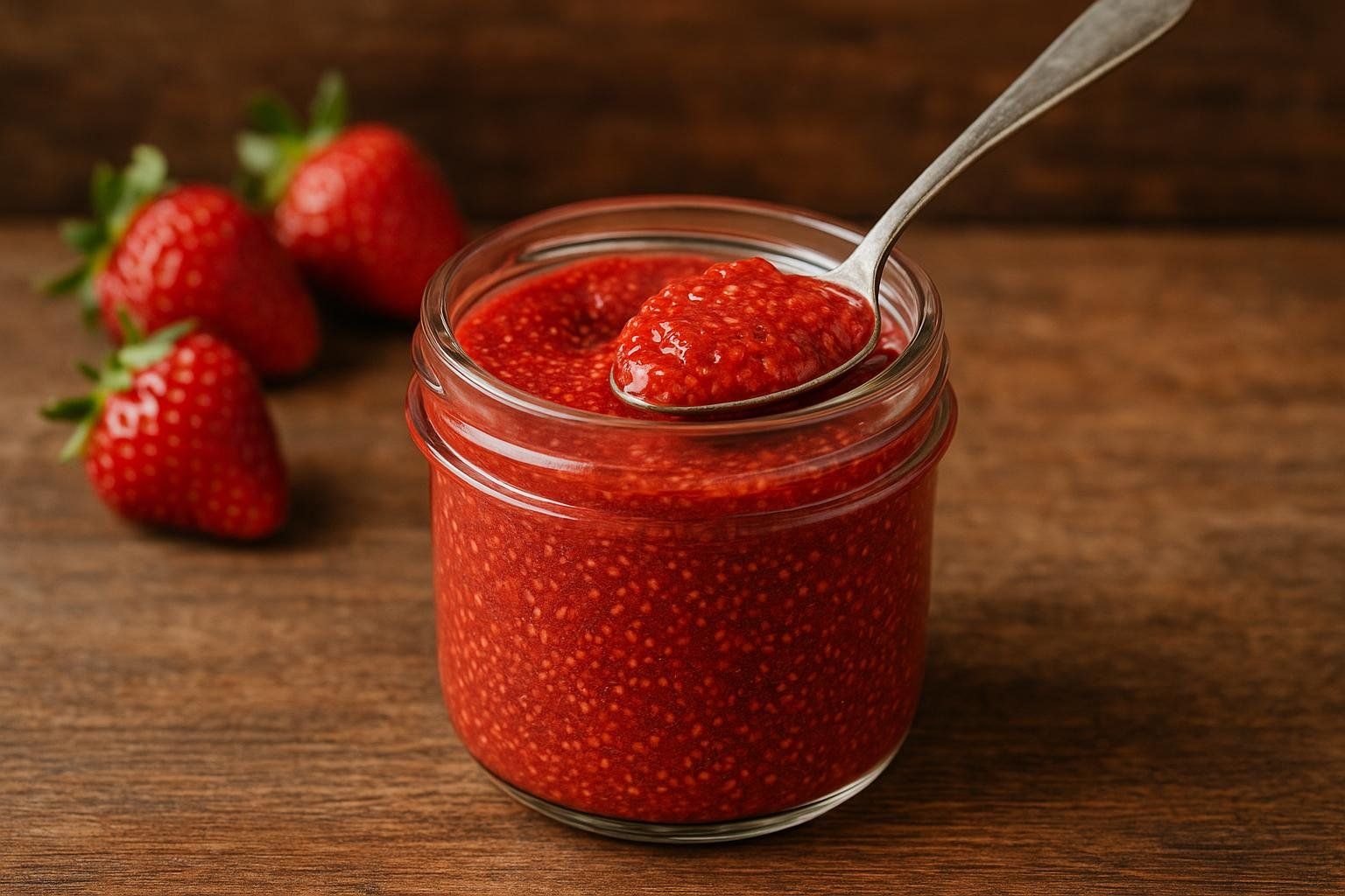 A clear glass jar filled with red strawberry chia jam, featuring a spoon scooping out a portion, set on a wooden surface with fresh strawberries in the blurred background. The jam shows visible chia seeds throughout.