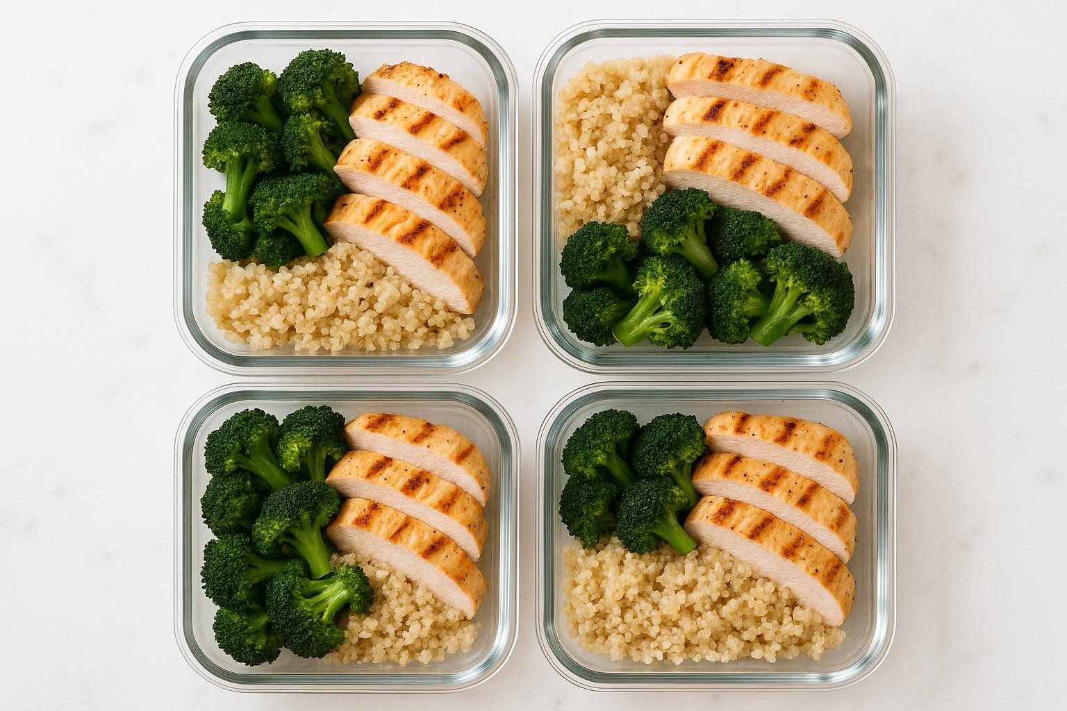 Four clear glass meal prep containers, each filled with grilled chicken breast slices, steamed broccoli florets, and a serving of couscous, arranged neatly on a white background.