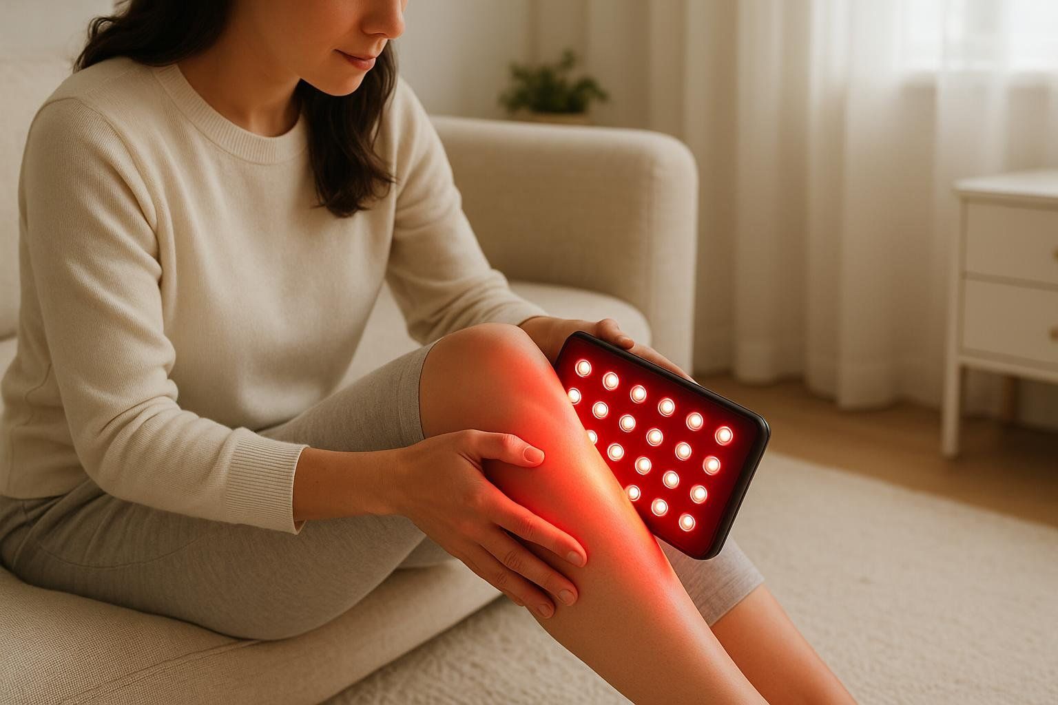 Close up of a woman using a handheld red light therapy panel on her knee while sitting on a couch at home.