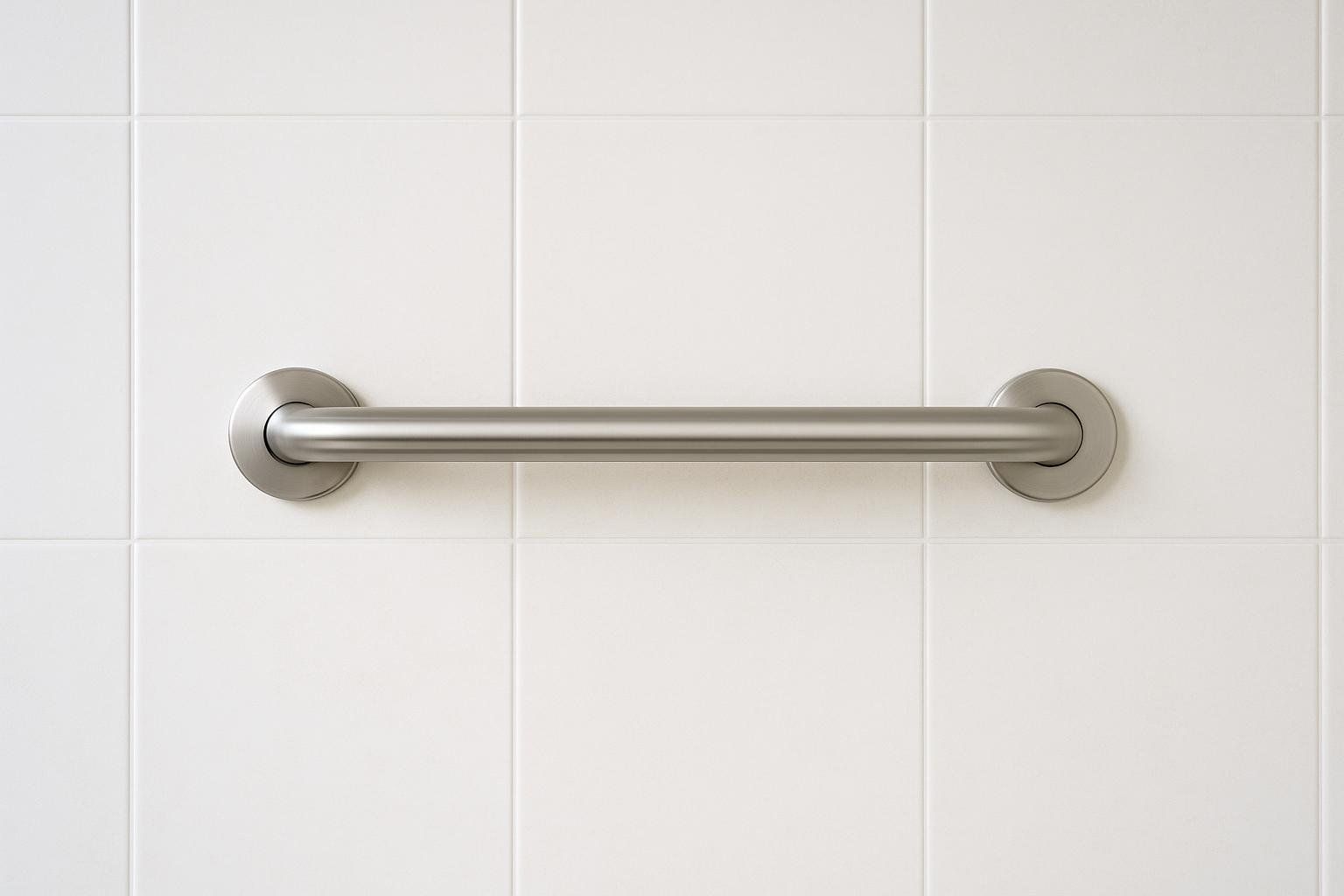 A modern grab bar installed on a bathroom wall, an example of a home modification for safety with sarcopenia.