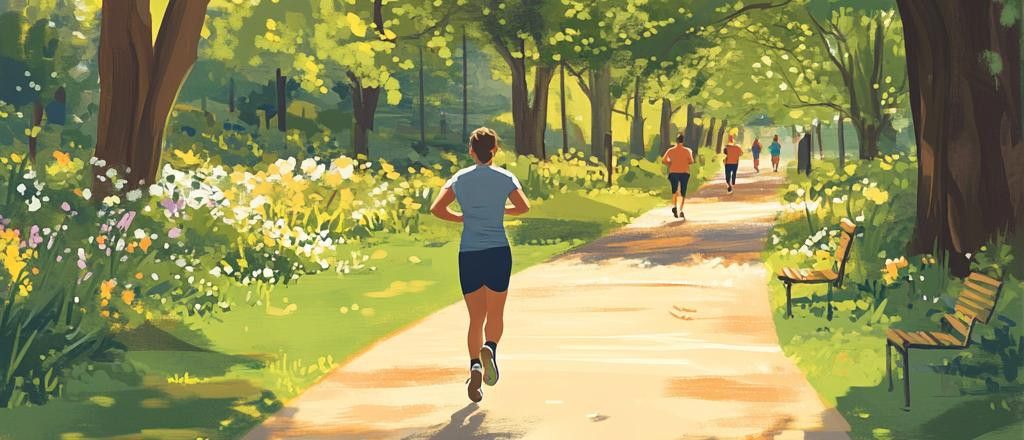 Illustration of people running on a paved path through a sunny park with trees and flowering bushes.
