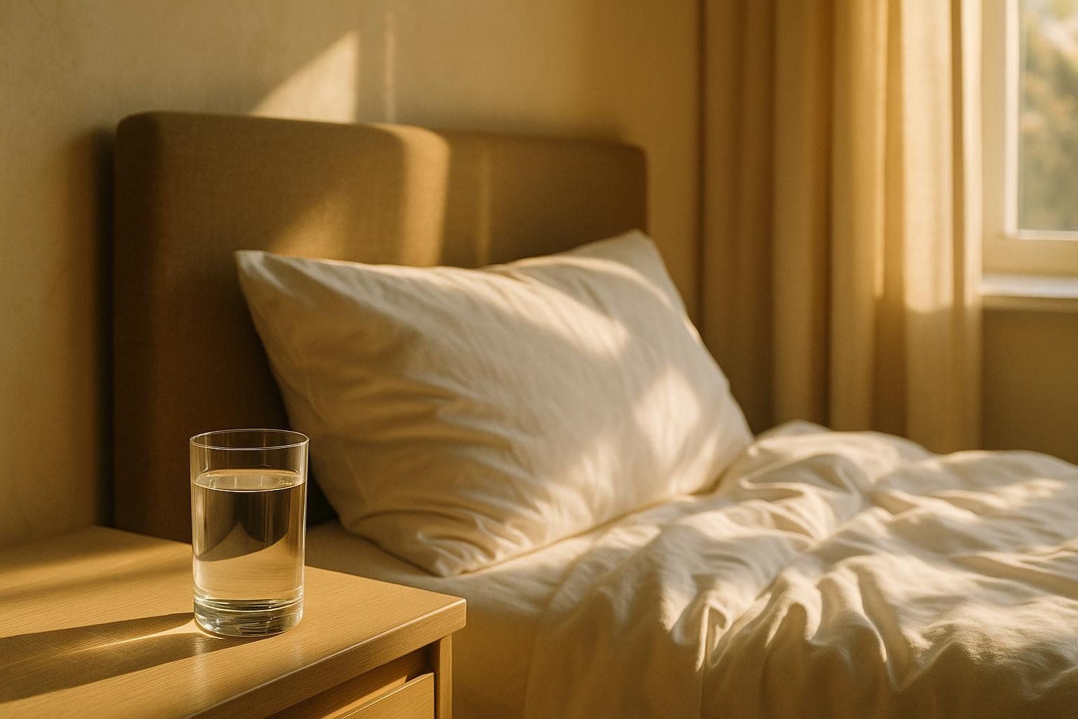 Morning sunlight on a nightstand with a glass of water