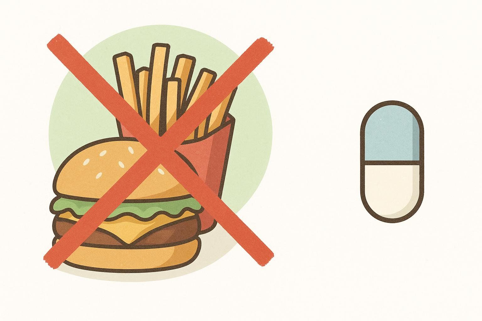 An illustration showing a half-blue, half-white capsule pill next to a hamburger and french fries with a red 'X' over them, signifying not to combine the two. The food is within a light green circle background, contrasting with the pill on a plain white background.