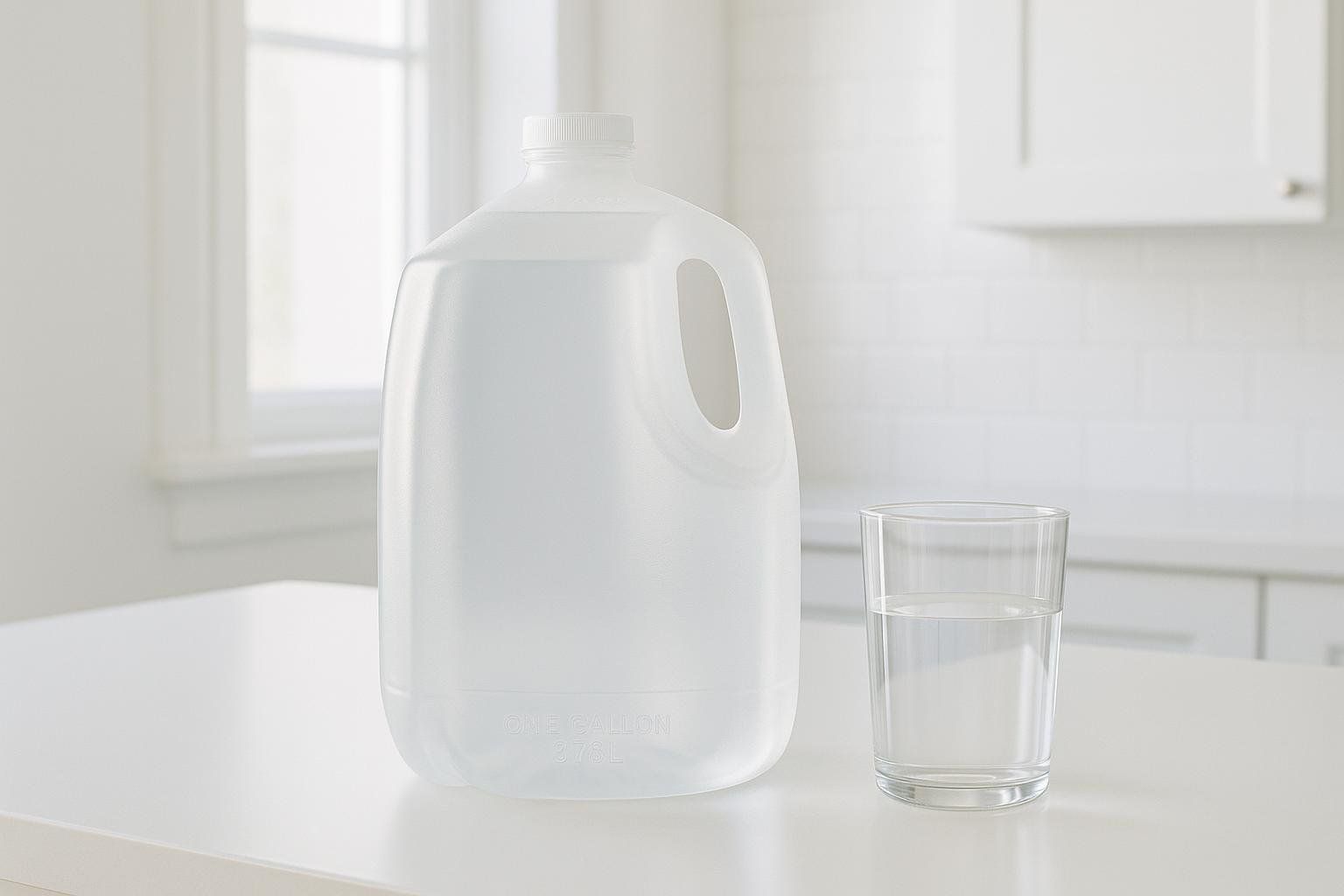 A clear plastic gallon jug of water and a glass of water sitting on a white kitchen counter. The background shows a blurry kitchen window and white cabinets.