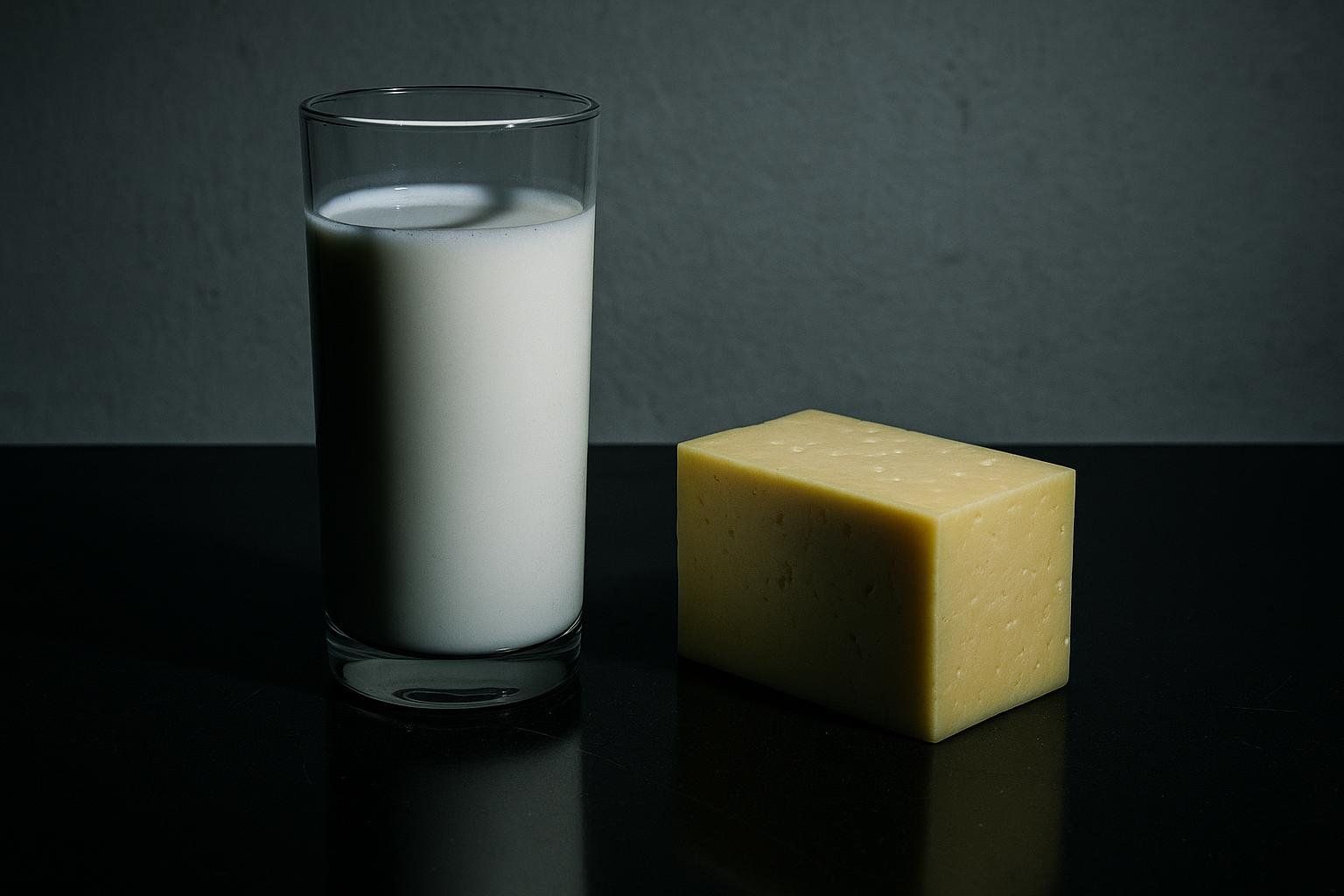 A clear glass filled with white milk stands next to a rectangular block of light yellow cheese on a dark, reflective surface. The background is a muted dark gray or blue-gray wall.