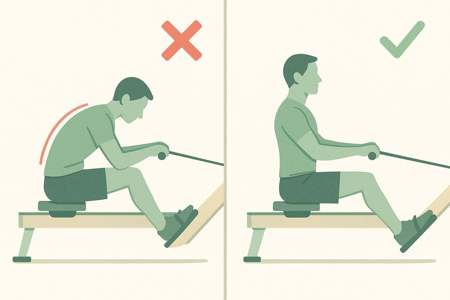 An illustration comparing incorrect rowing posture (hunched back) with correct posture (neutral spine).