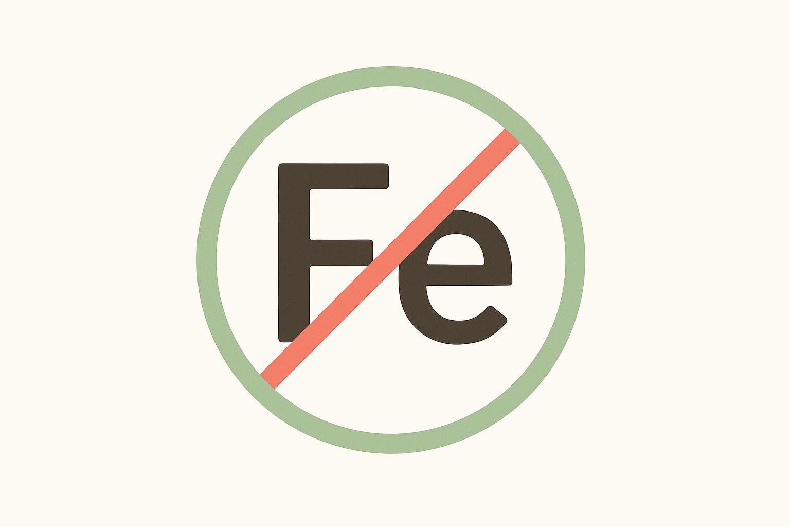 An 'iron-free' icon showing the letters Fe for iron with a red slash through them, indicating that multivitamins usually don't contain iron for certain demographics.