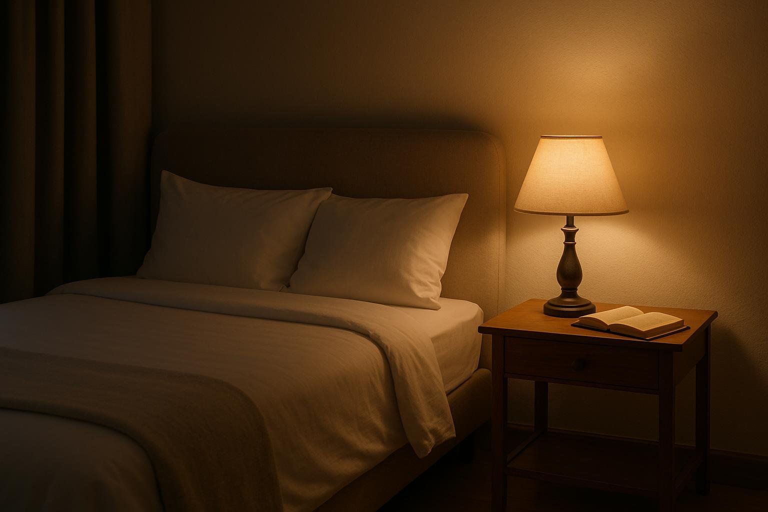 A dimly lit bedroom scene with a neatly made bed and a bedside table. A warm-toned lamp provides soft light, illuminating an open book on the table next to the bed. The room appears calm and ready for rest.