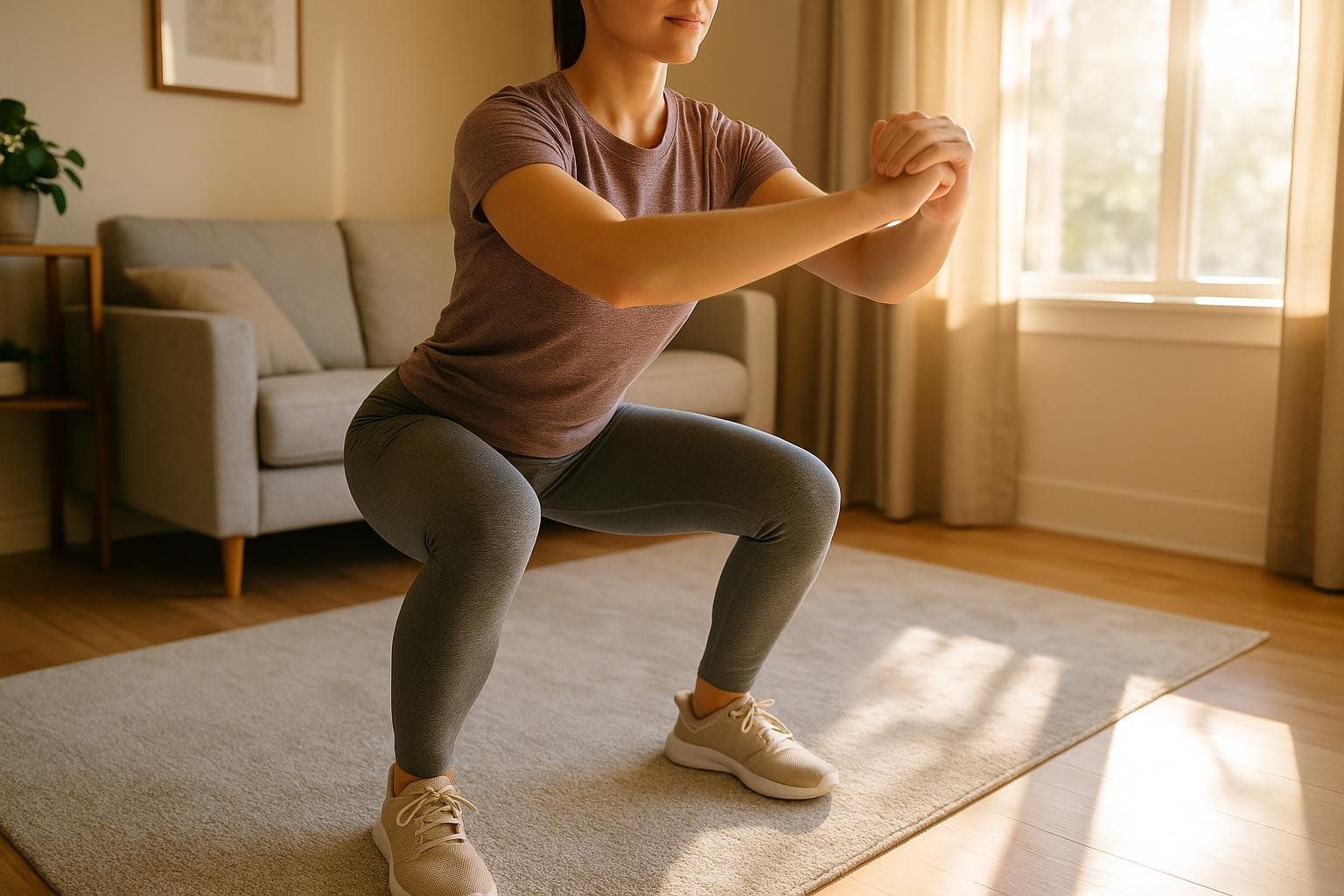 A person doing bodyweight squats at home, demonstrating an accessible way to strength train for weight management. The person is in a squat position, wearing a t-shirt, leggings, and sneakers, with sunlight streaming through a window in the background.