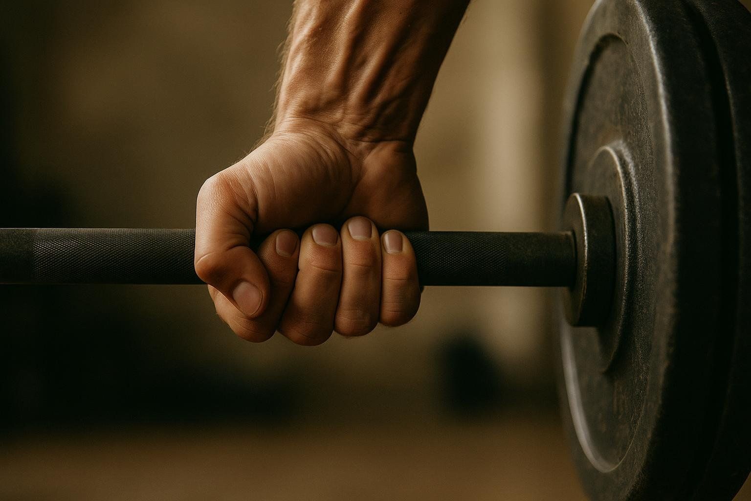A close-up of a hand with visible veins gripping a textured barbell, with a weighted plate partially visible on the right.