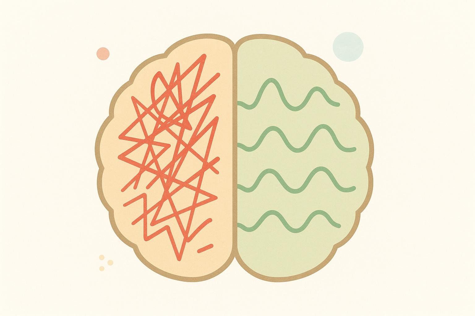 A stylized diagram of a brain, with the left half showing chaotic, jagged lines representing active thought, and the right half showing smooth, wavy lines representing calm thought.
