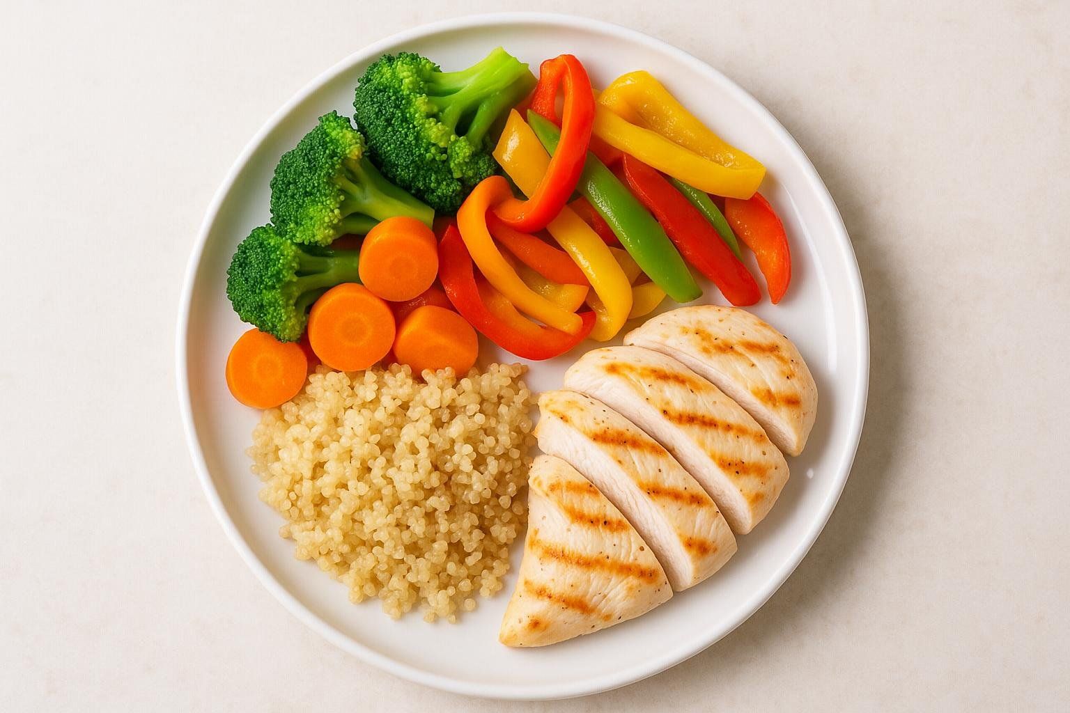 A white plate displays a healthy meal: grilled chicken slices, a portion of quinoa, and a vibrant mix of broccoli, carrots, and bell peppers, illustrating a balanced plate with plenty of vegetables.