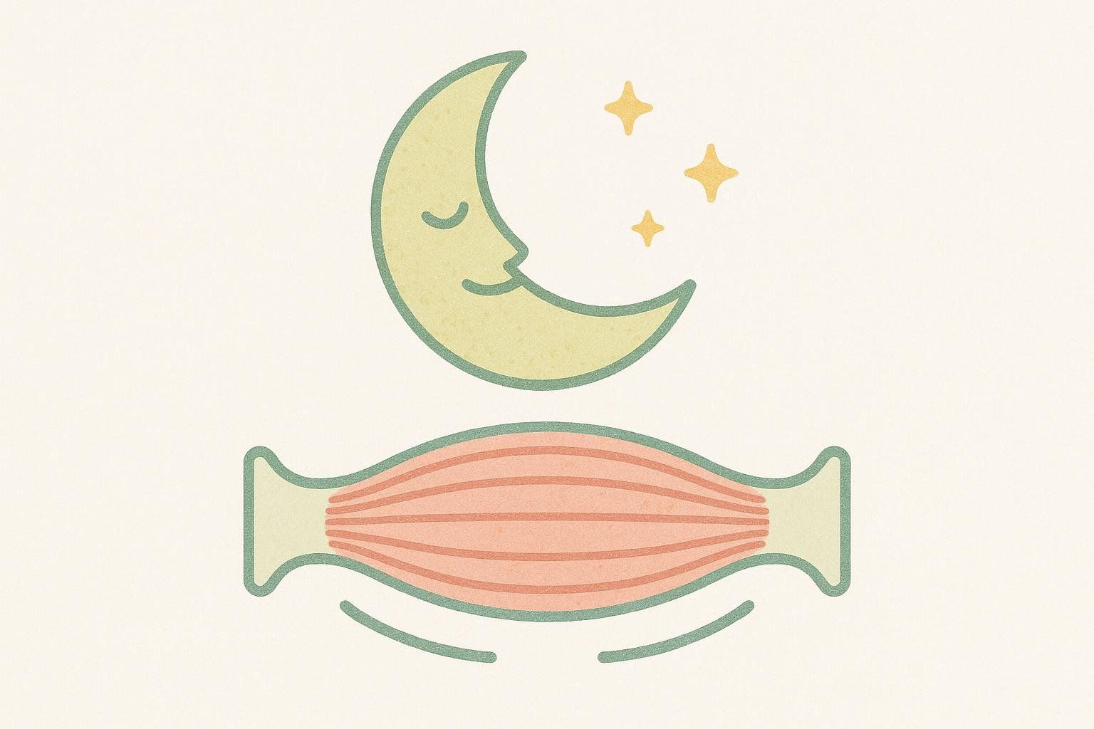 Illustration of a smiling crescent moon and stars floating above a muscle fiber icon, representing the importance of sleep for muscle recovery.