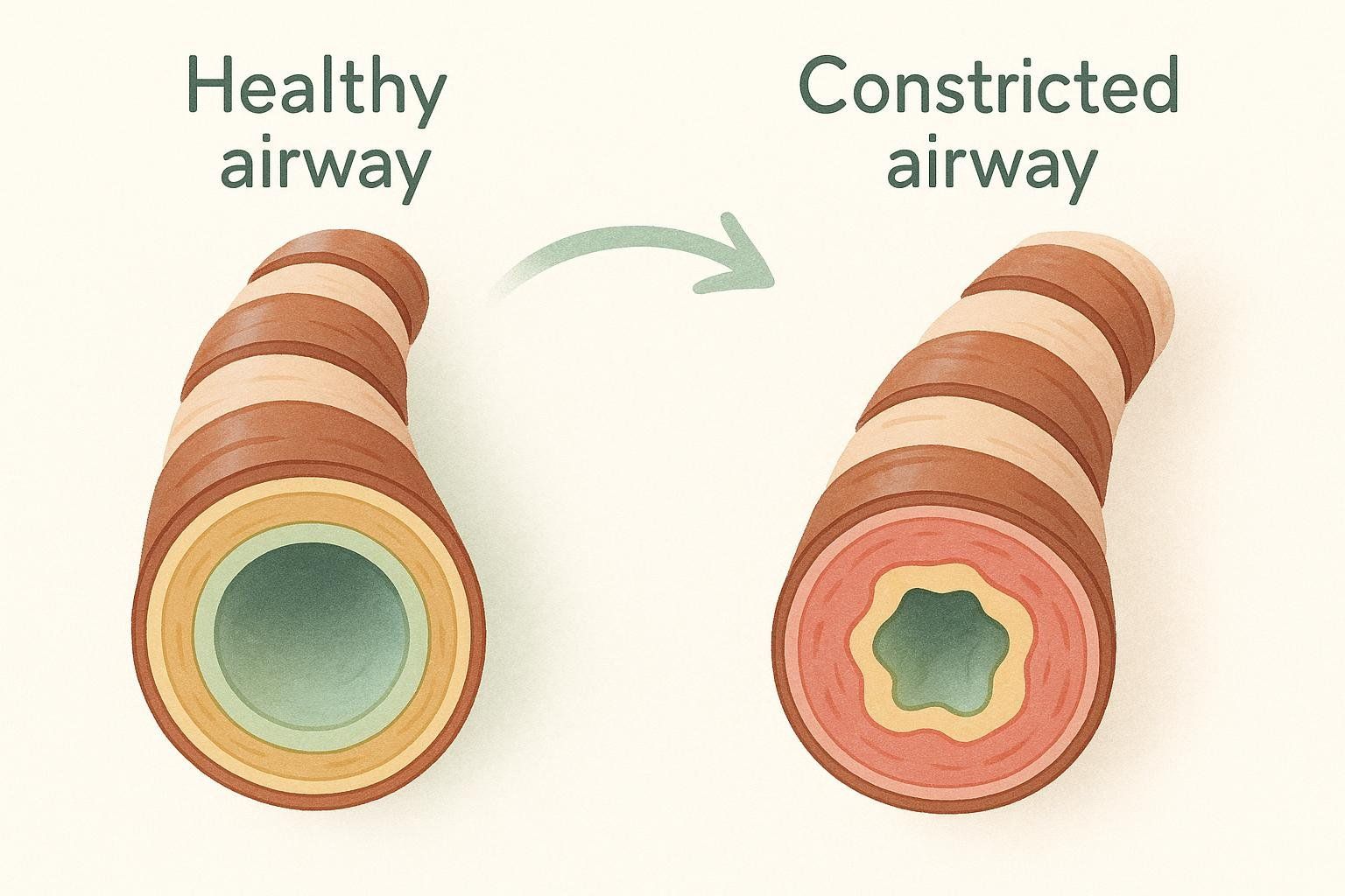An illustration showing the difference between a clear, healthy airway and a constricted, inflamed asthmatic airway.
