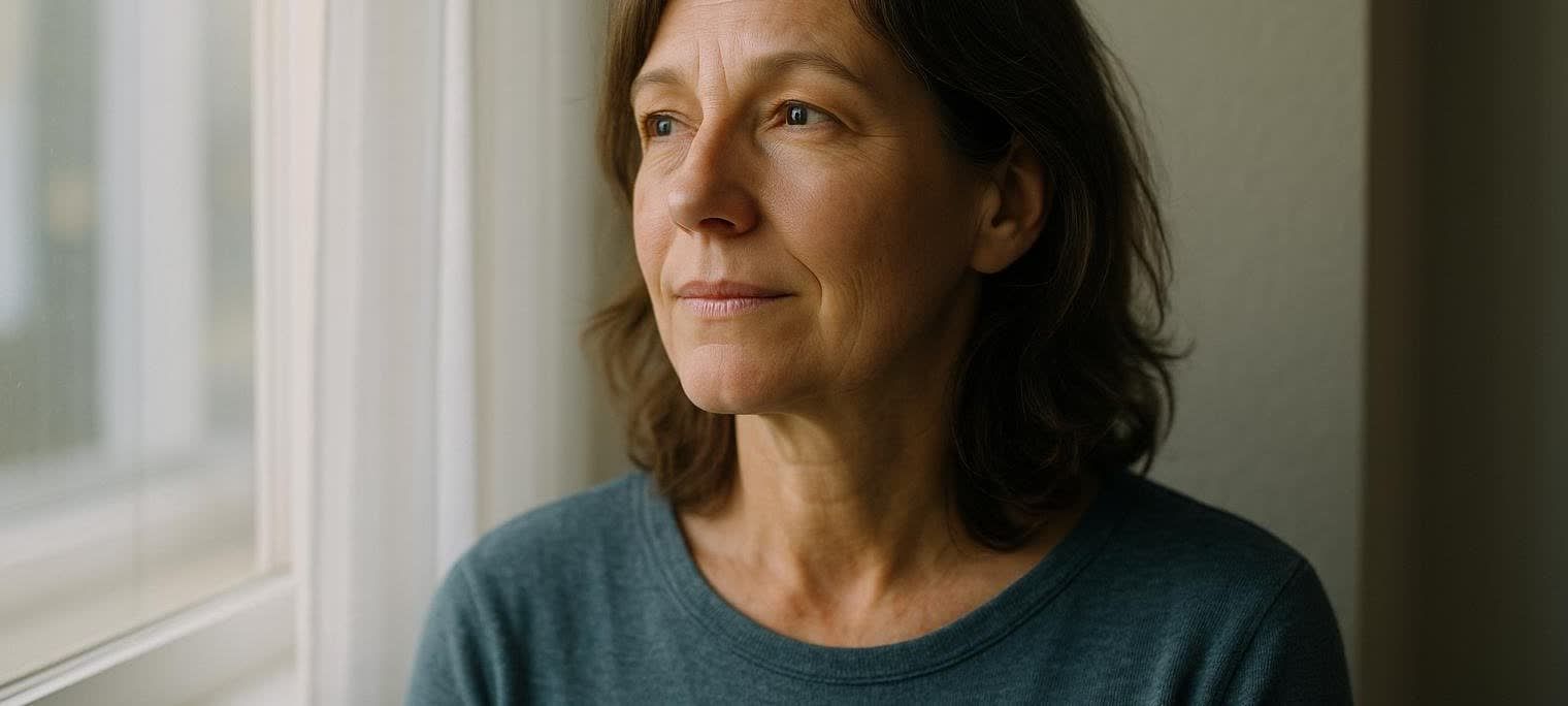 A thoughtful middle-aged woman looks out a window, bathed in soft morning light, conveying a sense of hope and resilience.