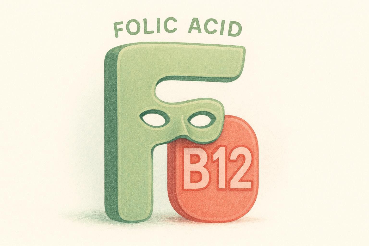 An illustration showing a large green letter 'F' for Folic Acid with eyeholes like a mask, partially covering a smaller red icon with 'B12' written on it. This visually represents how Folic Acid can mask a Vitamin B12 deficiency.
