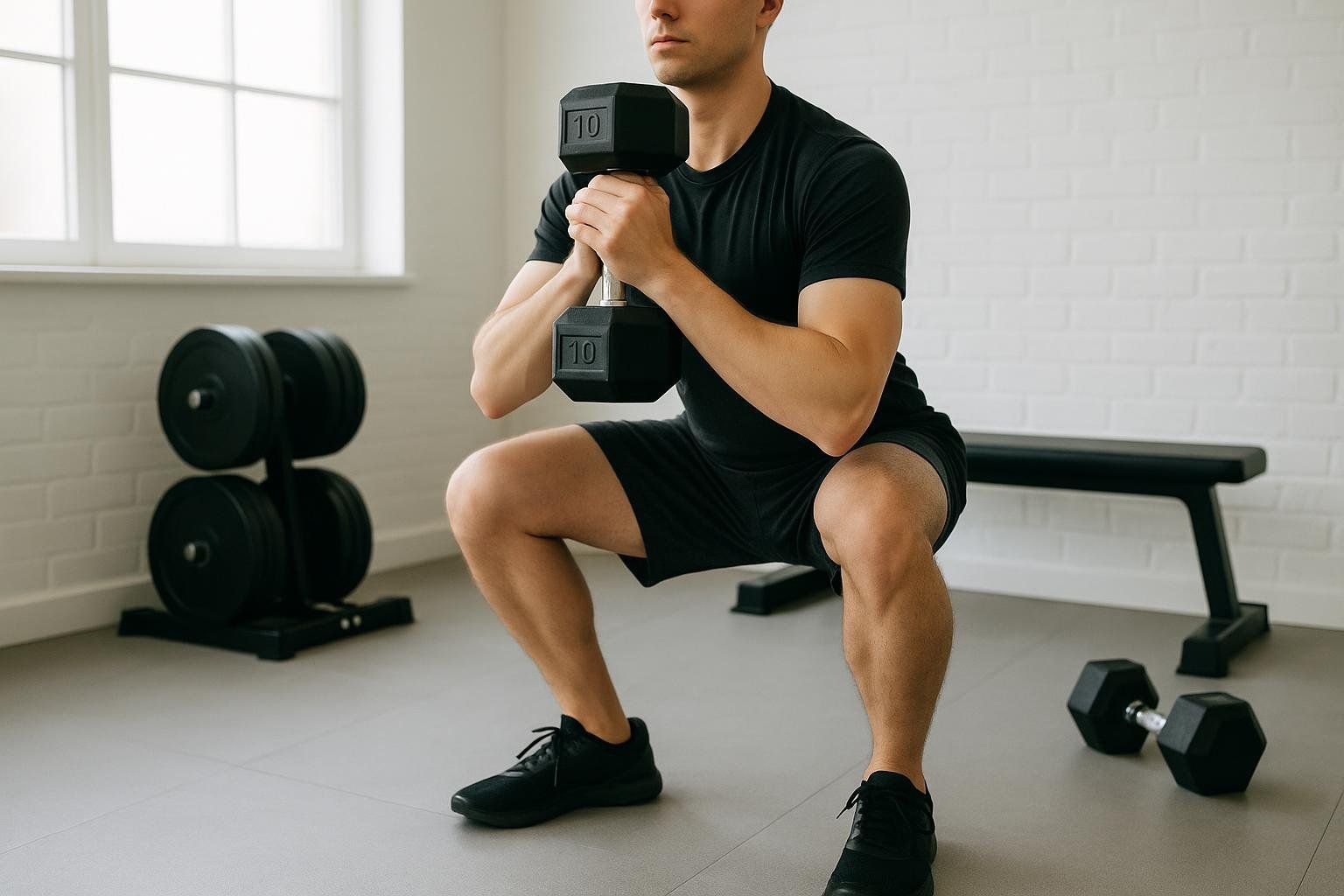 A person performing a dumbbell squat to represent the importance of resistance training for preserving muscle.