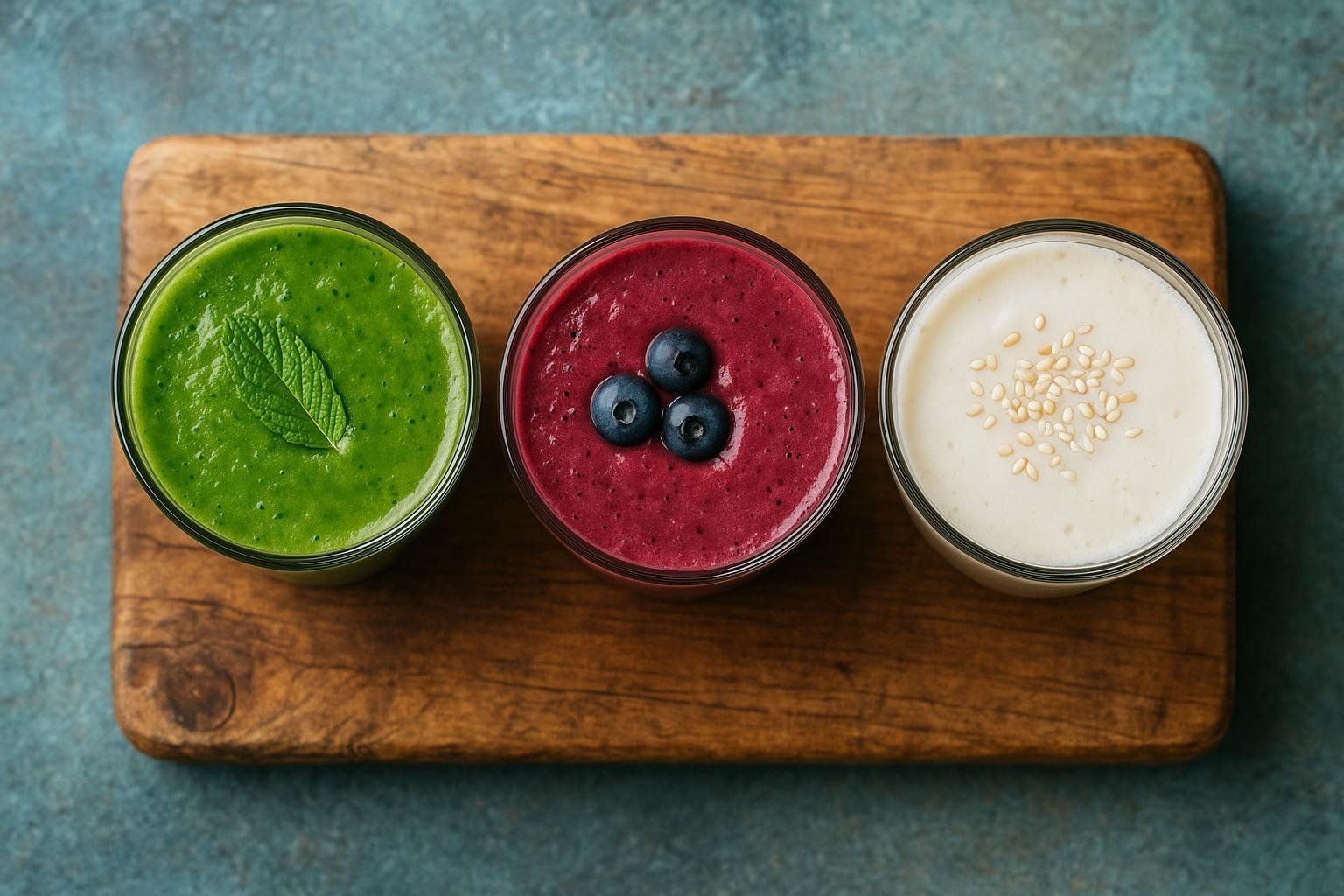 A top-down photo showing three different colorful smoothies in clear glasses, arranged on a wooden board. From left to right, there's a green smoothie garnished with a mint leaf, a red/purple berry smoothie topped with three blueberries, and a white smoothie sprinkled with sesame seeds. The background is a blue-green textured surface.