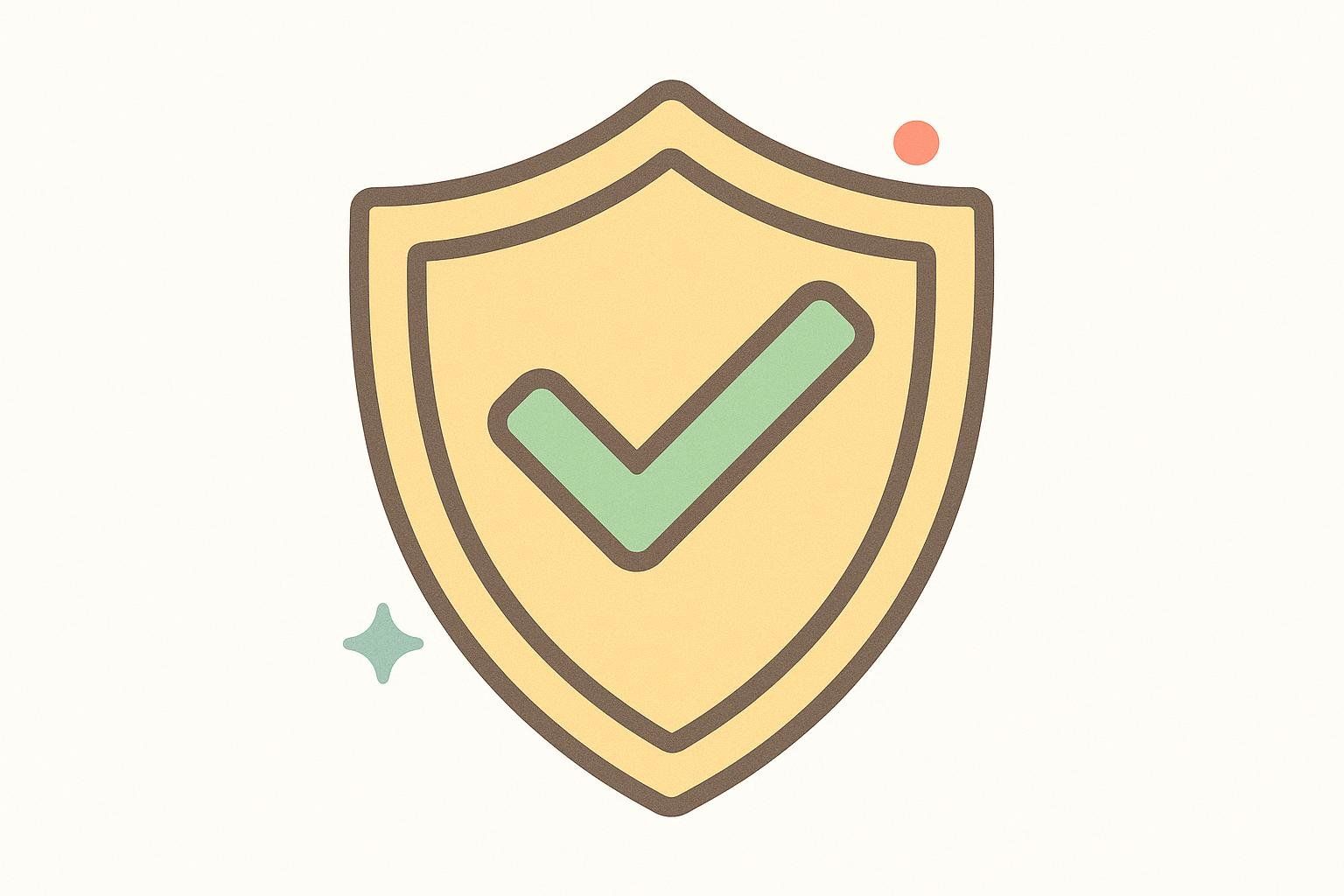 A shield icon with a prominent checkmark in the center, symbolizing protection, security, verification, or quality assurance. There's a subtle red dot near the top right and a small four-pointed star near the bottom left, adding minor decorative elements.
