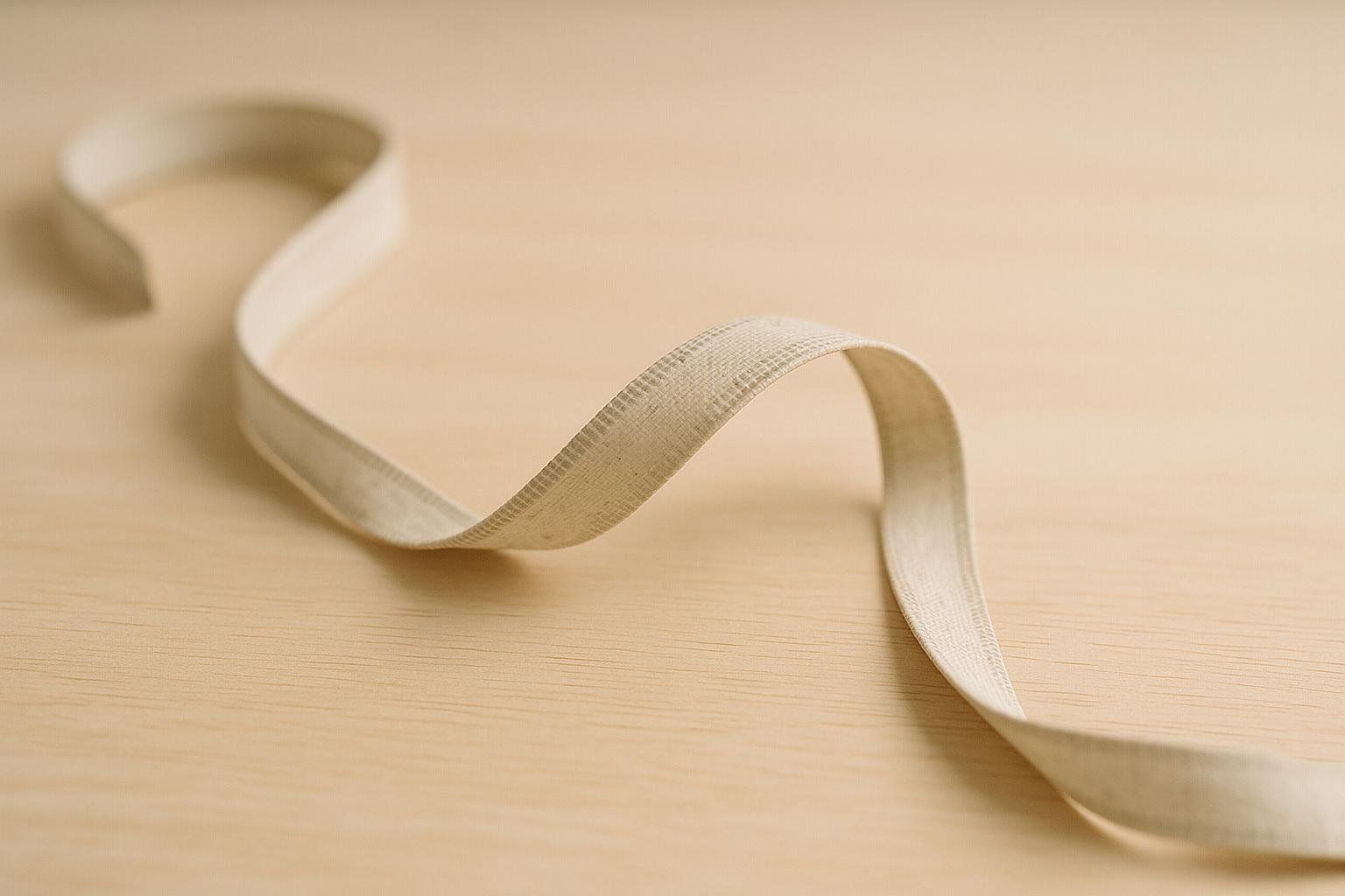 A beige, flexible tape measure curves across a light wood surface.