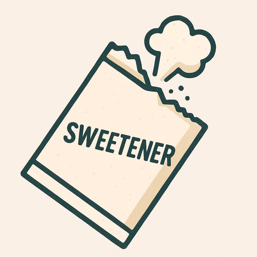 An icon depicting an open sachet of artificial sweetener, with some powder pouring out. The word 'SWEETENER' is written on the packet.