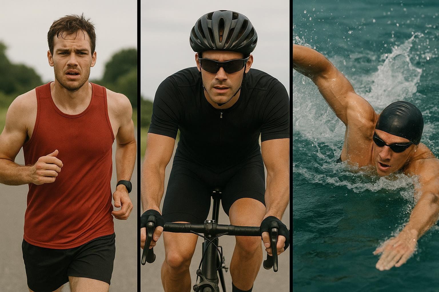 A triptych showing a triathlete running, cycling, and swimming.
