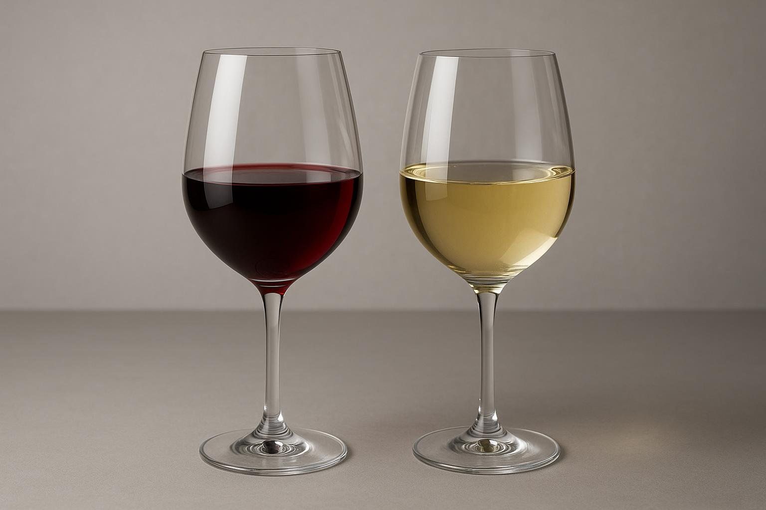 Two wine glasses, one filled with red wine and the other with white wine, stand side-by-side on a neutral gray surface against a light gray background.