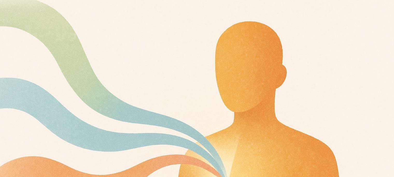 An illustration features an orange human silhouette, facing left, with three wavy streams of color – light green, light blue, and light orange – flowing towards its chest, implying energy converging into the figure.