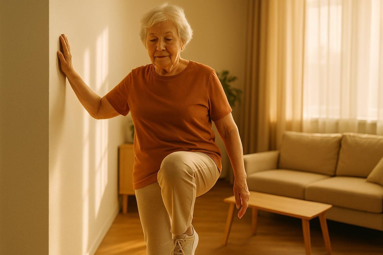 A senior woman with white hair, wearing an orange t-shirt and beige pants, performs a gentle warm-up exercise. She is standing with one arm leaning against a light-colored wall for support, and one knee bent upwards. The room is brightly lit by natural sunlight, with a couch and coffee table visible in the background.