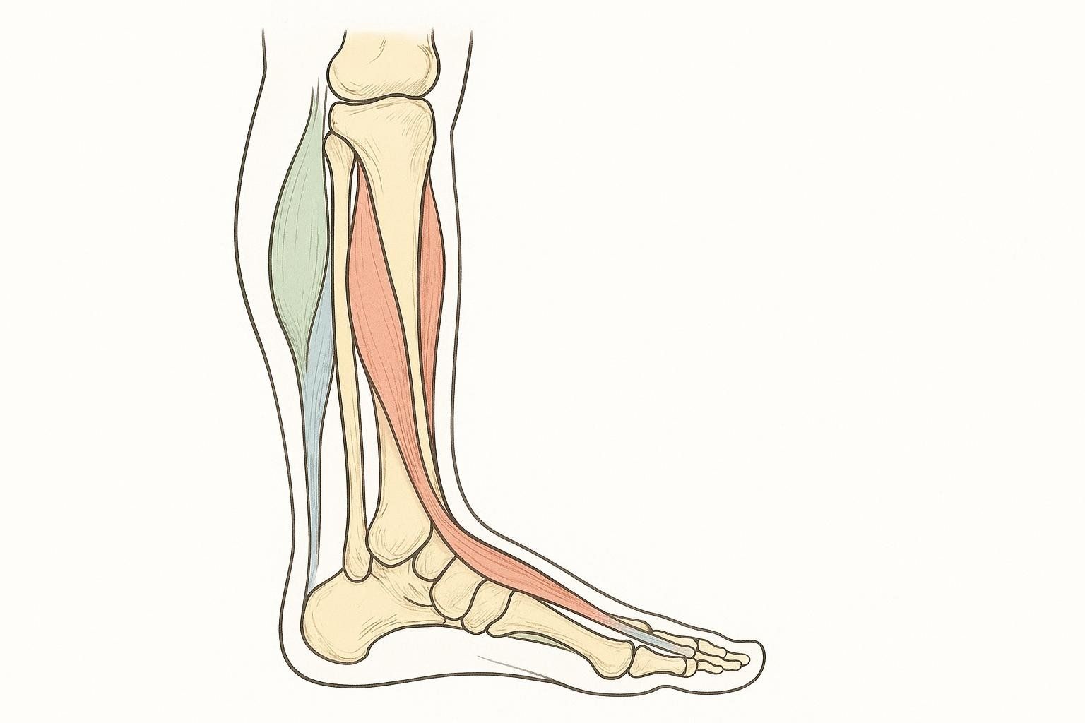 Stylized diagram of the lower leg and foot, highlighting the four main muscle groups responsible for ankle movement. The bones are cream-colored, while the muscles are depicted in pale green, blue, and red.